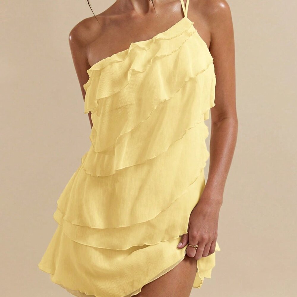 Yellow Party Women's Layered Lotus Leaf Mini Dress - Picture 5 of 7